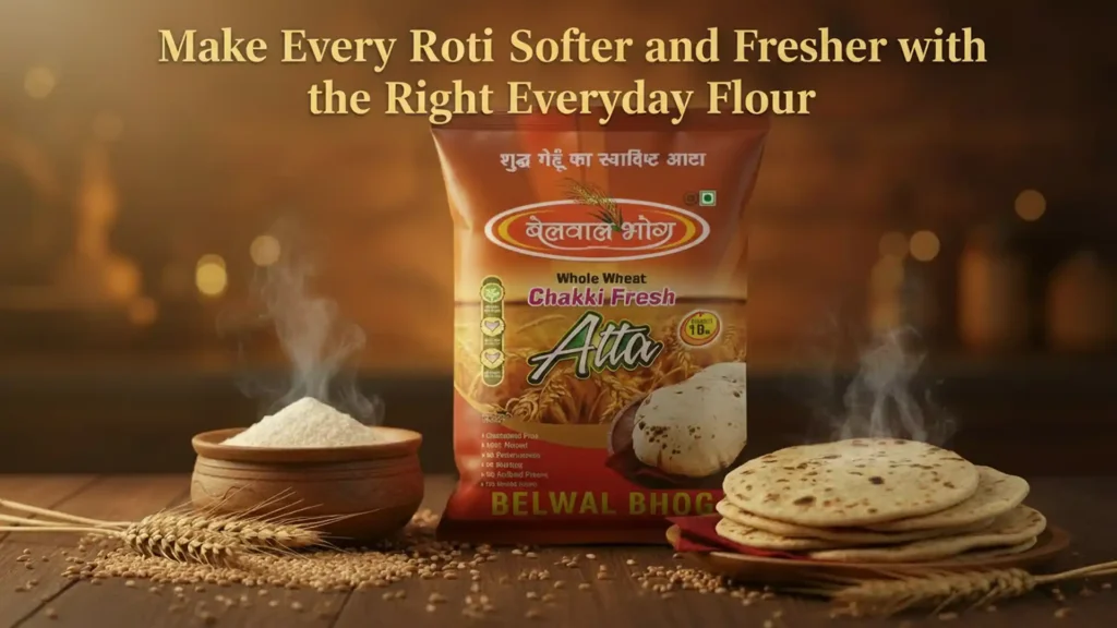 Belwal Bhog chakki fresh wheat flour pack with steaming roti and wheat grains displayed on a wooden table, representing the best wheat flour brand in Haldwani