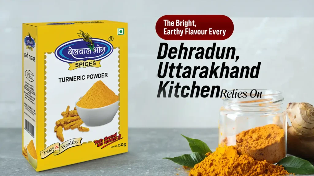 Belwal Bhog turmeric powder box with a jar of haldi and fresh roots, representing the Best Haldi Powder Brand in Dehradun
