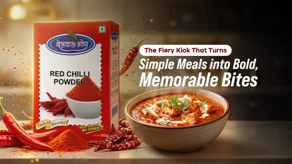 Belwal Bhog Lal Mirch Powder pack with fresh red chillies and a spicy curry bowl showcasing vibrant color and flavor