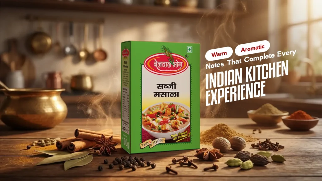 Box of Belwal Bhog Sabji Masala placed on a rustic kitchen counter surrounded by whole spices, representing the best garam masala for rich, aromatic Indian cooking.