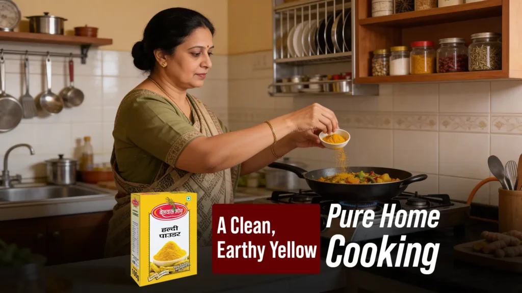 Woman cooking Indian food using organic turmeric powder in Rudrapur for clean, everyday home meals
