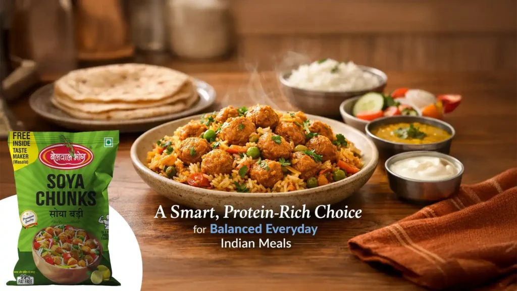 Prepared Indian meal with soya chunks and rice, highlighting taste and nutrition from the best soya chunks brand
