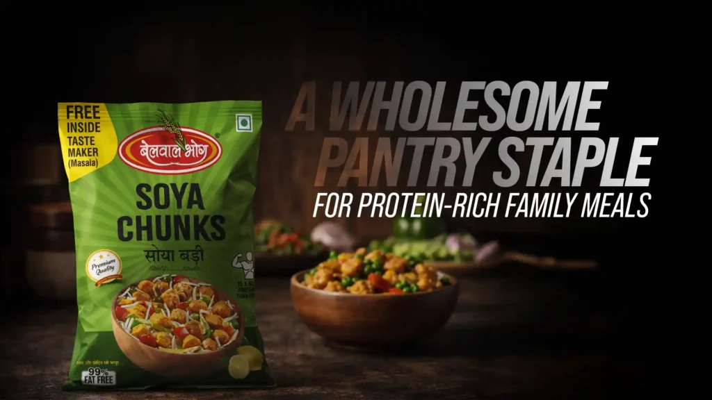 Packaged soya chunks with a prepared dish, highlighting the quality and nutrition of the best soya chunks brand