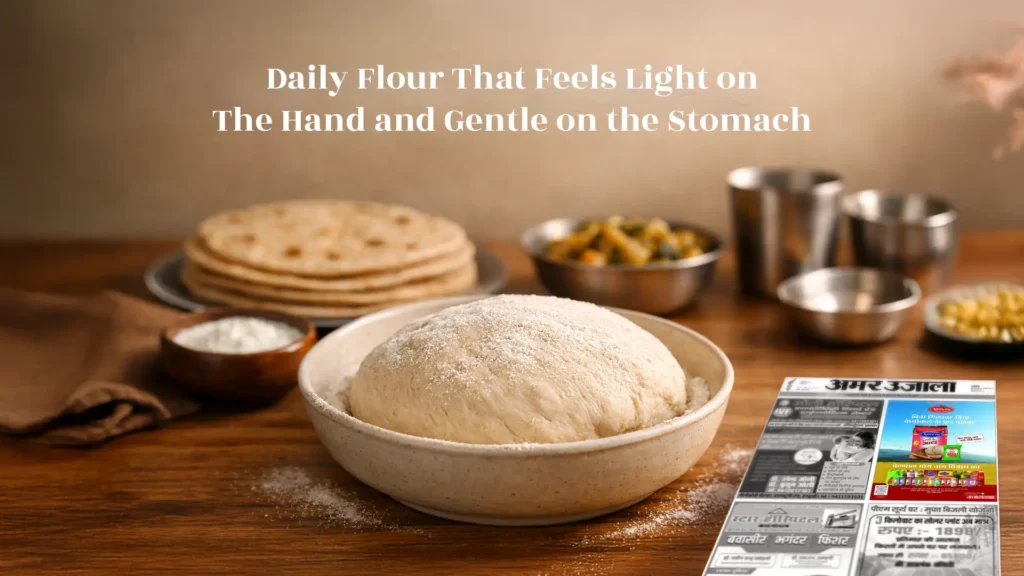Fresh wheat dough and rotis prepared in a traditional kitchen, representing quality from the best atta brand in Uttarakhand