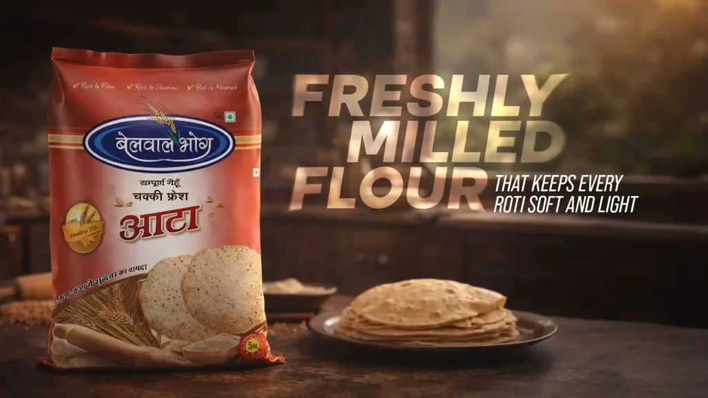 Packaged whole wheat atta with soft rotis, representing the best wheat flour brand in Haldwani for everyday cooking
