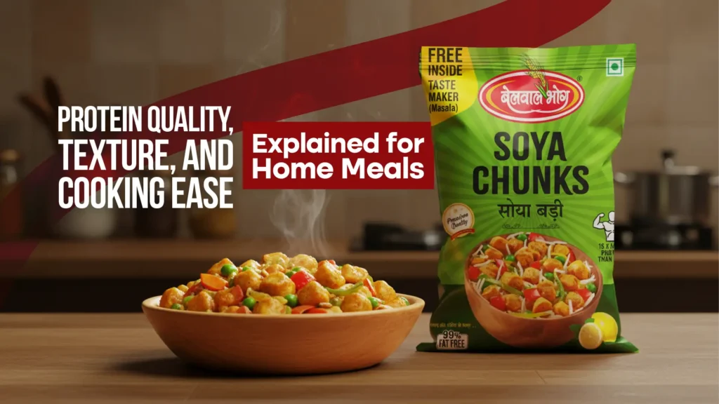 best soya chunks brand showing high protein soya chunks cooked with vegetables for healthy home meals