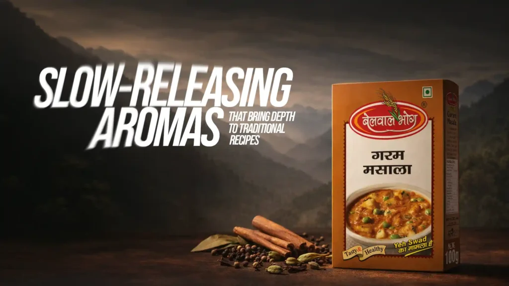 Packaged garam masala with whole spices, representing the slow-releasing aroma and quality of the best garam masala brand in Uttarakhand