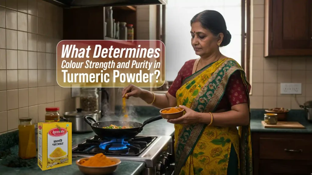 Woman adding turmeric while cooking, showcasing the best haldi powder brand in Dehradun with strong colour and purity