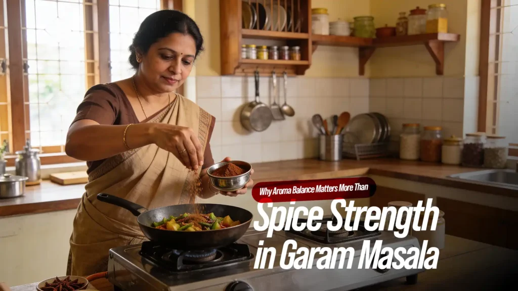 Home cook adding garam masala while preparing vegetables, highlighting the best garam masala brand in Bareilly for aroma balance