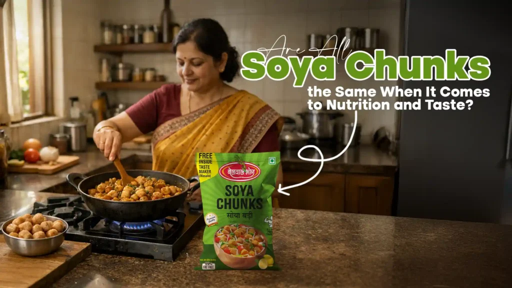 Best soya chunks brand shown in a home kitchen with a woman cooking soya chunks for a nutritious meal