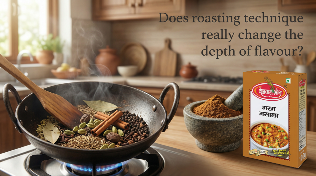 Whole spices roasting in a pan with packaged garam masala box representing the Best Garam Masala Brand in Uttarakhand