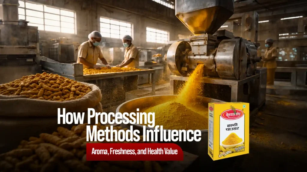 Organic turmeric powder in Rudrapur being processed in a hygienic facility with turmeric roots and freshly ground haldi powder
