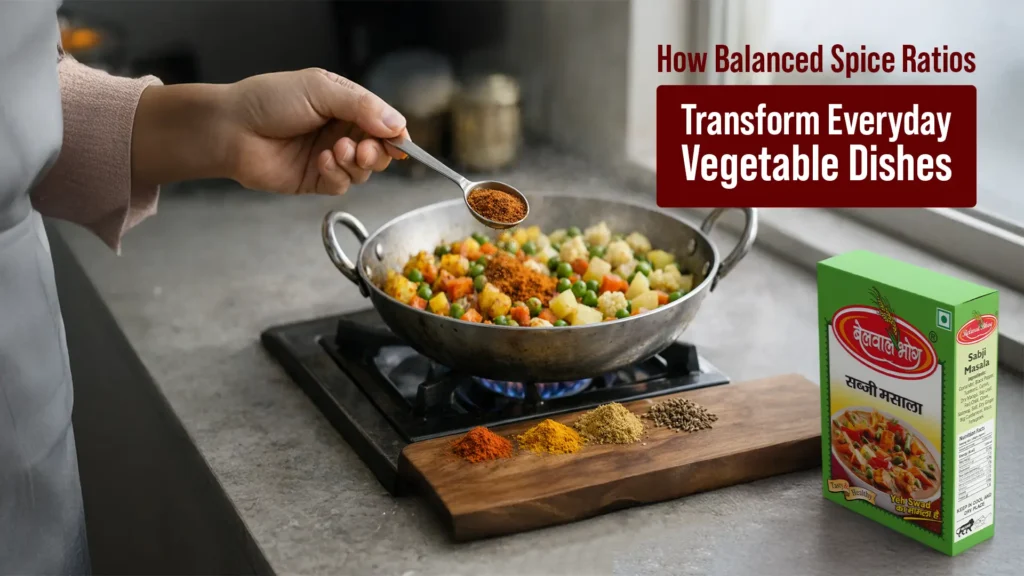 Best Sabji Masala Brand in Kashipur used while cooking mixed vegetables in a pan, highlighting balanced spice blend and authentic home-style flavor