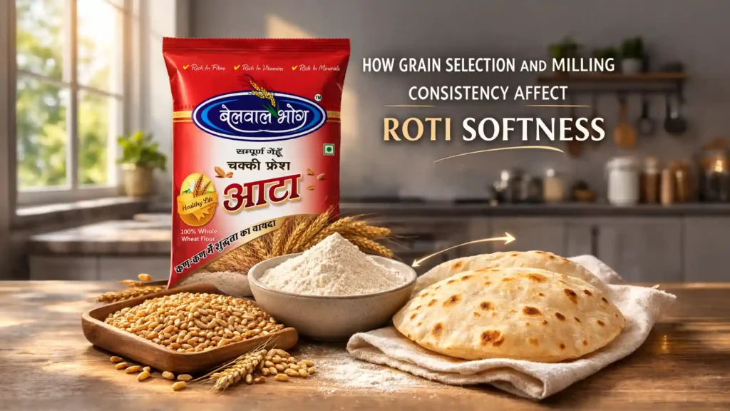 Whole wheat flour pack with fresh flour, wheat grains, and soft roti showcasing the Best Atta Brand in Uttarakhand