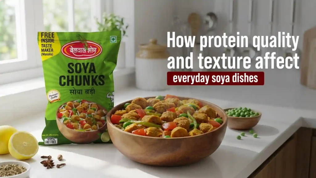 Pack of soya chunks with a prepared bowl of vegetable soya dish on a kitchen counter, highlighting the best soya chunks brand for protein-rich meals