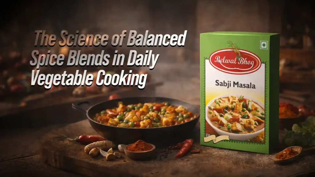 Box of Sabji Masala beside a freshly cooked mixed vegetable dish representing the Best Sabji Masala Brand in Kashipur