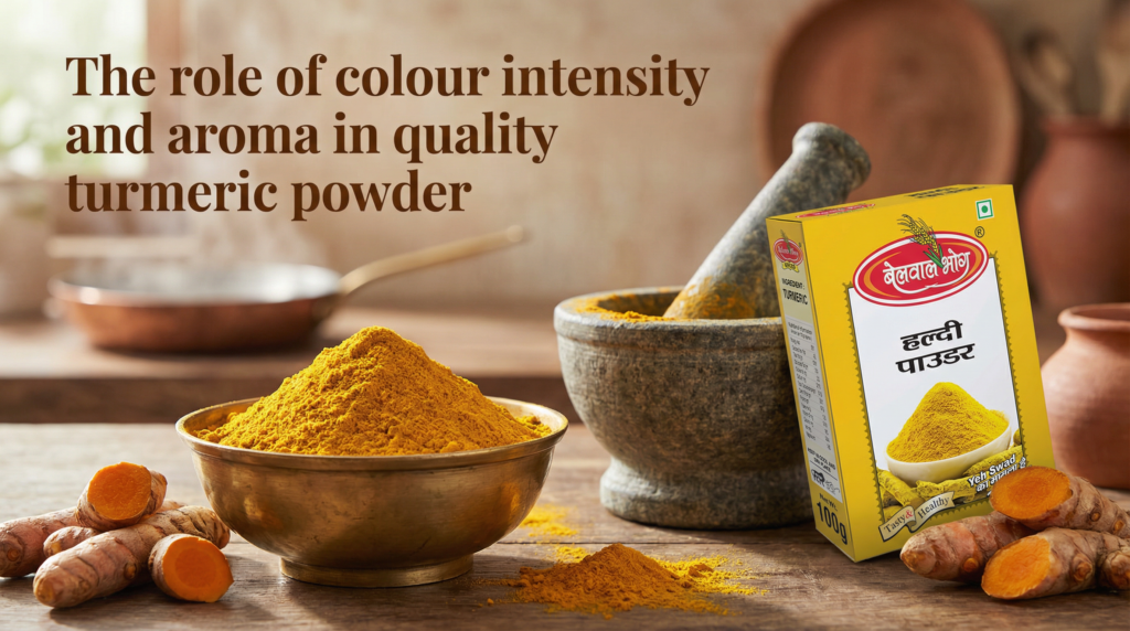 Bowl of vibrant turmeric powder with fresh turmeric roots and packaged box representing the Best Haldi Powder Brand in Dehradun