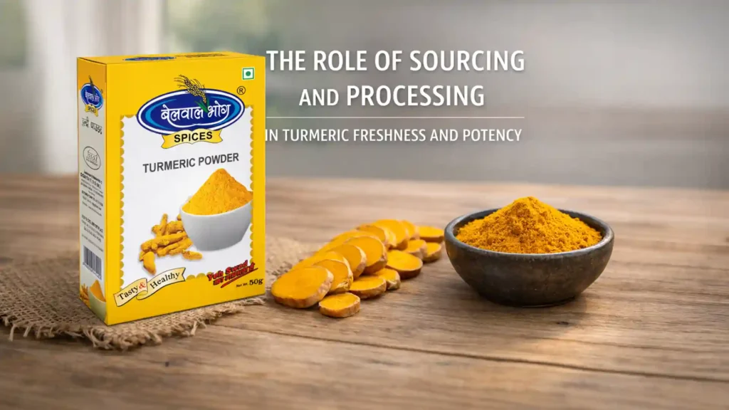 Box and bowl of Organic Turmeric Powder in Rudrapur with fresh turmeric roots displayed on a wooden table