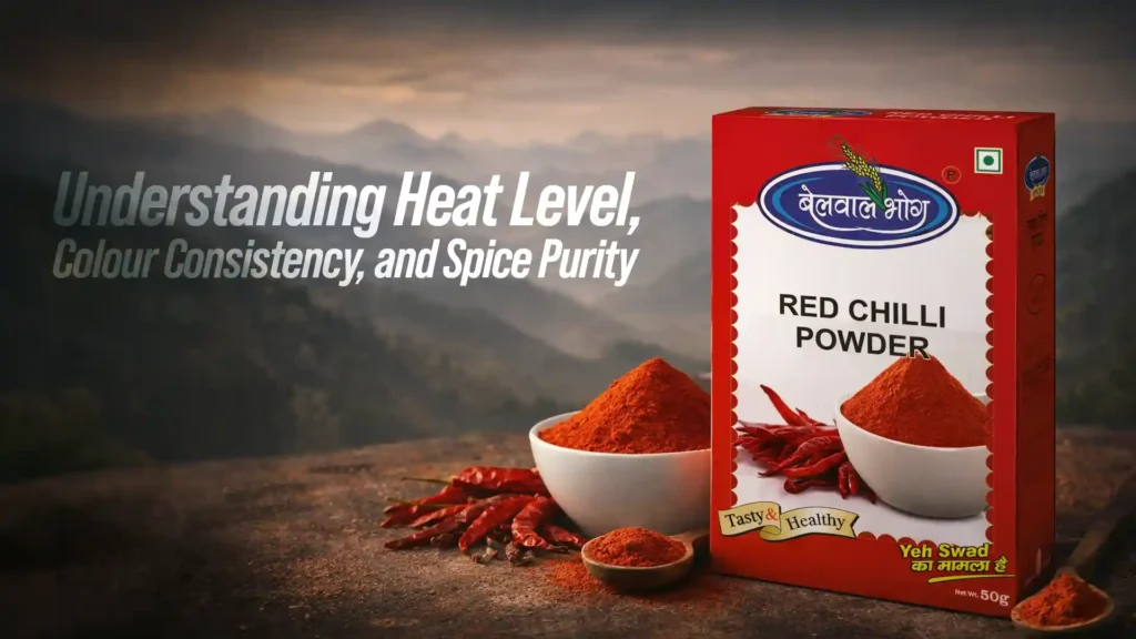 Premium red chilli powder pack with vibrant colour and finely ground texture displayed with whole dried chillies – best red chilli powder brand in Uttarakhand