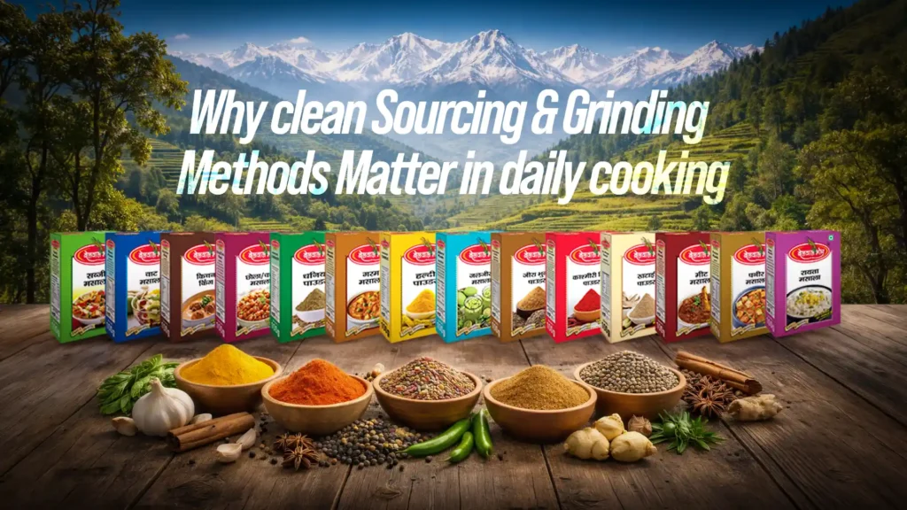 Assorted spice powders and packaged products showcasing the Best Organic Masala in Uttarakhand made with clean sourcing and hygienic grinding methods