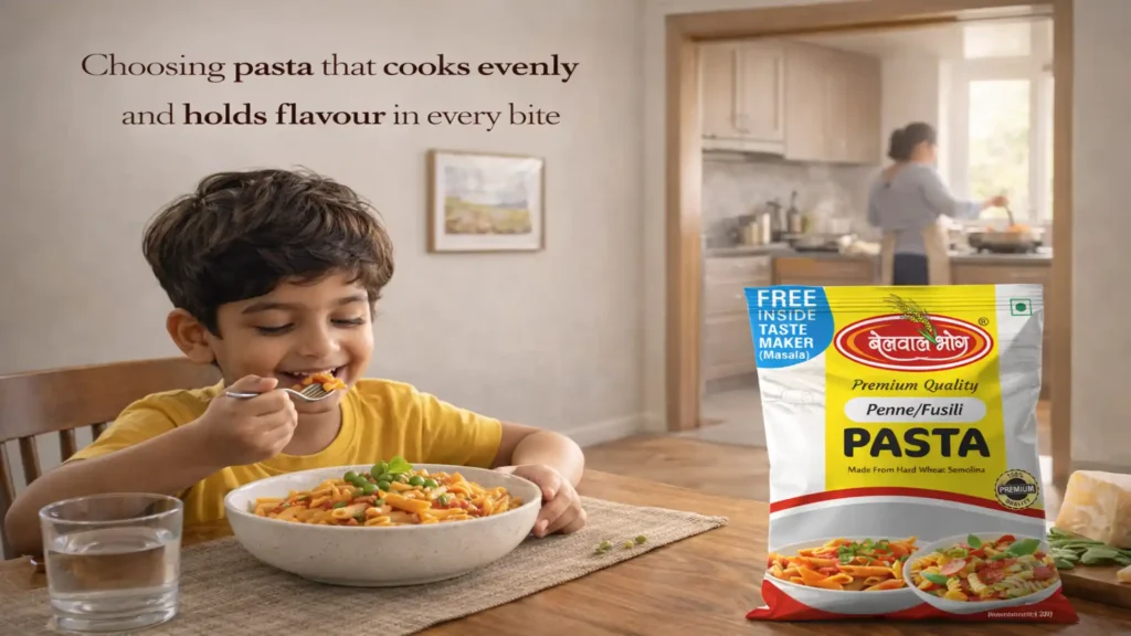 Child eating a bowl of cooked pasta at a dining table with a packaged pasta product displayed beside him, representing the Best Pasta Brand in Rudrapur