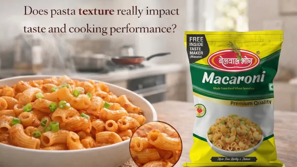 Bowl of cooked macaroni pasta garnished with herbs placed beside a packaged macaroni product in a kitchen setting, representing the Best Macaroni Brand in Uttarakhand