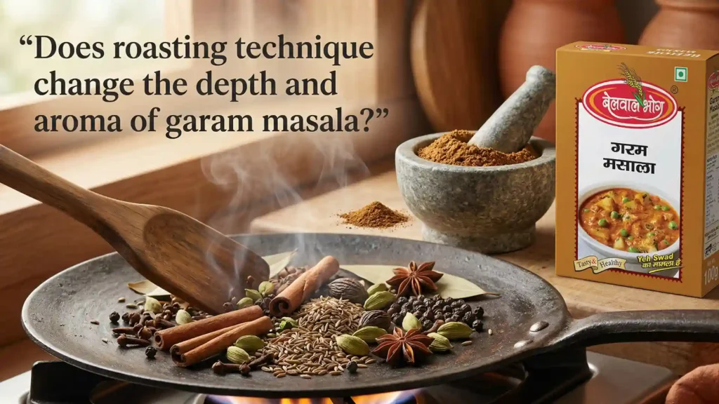 Whole spices being roasted in a pan with garam masala pack representing the Best Garam Masala Brand in Bareilly