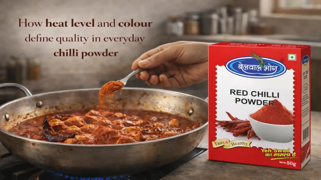 Hand adding red chilli powder to a cooking curry in a pan with a packaged spice box displayed beside it – Best Red Chilli Powder Brand in Uttarakhand
