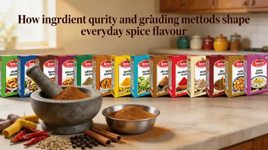 Variety of traditional spice powders and masala boxes representing the Best Organic Masala in Uttarakhand