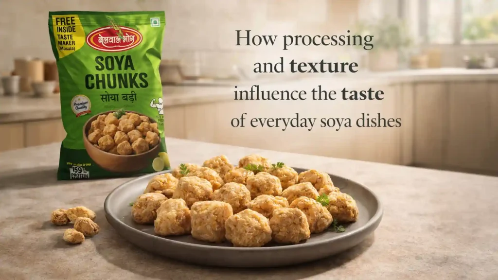 Cooked soya chunks and packaged product representing the Best Soya Chunks Brand for healthy protein-rich dishes