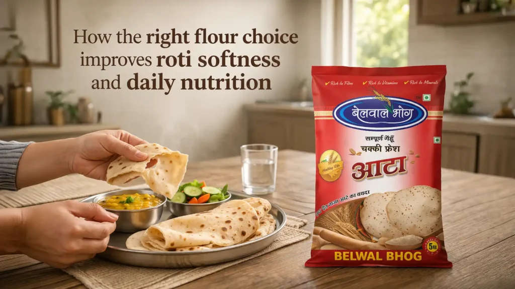 Freshly made soft rotis served with dal and salad on a dining table alongside a packaged wheat flour bag, representing the Best Atta Brand in Uttarakhand