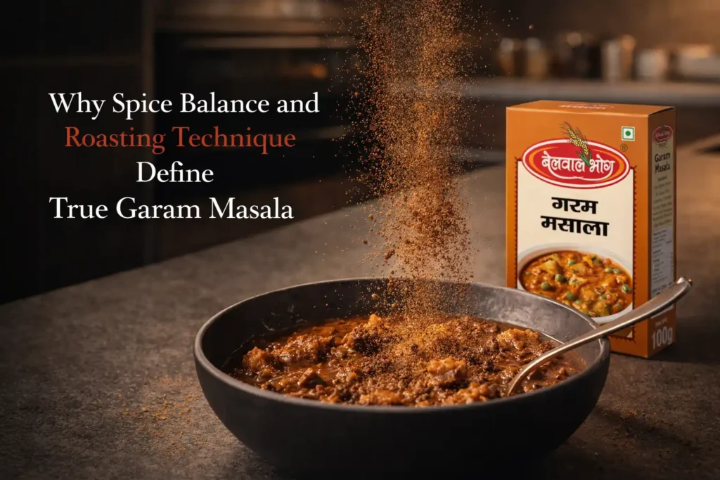 Traditional spice blend from the Best Garam Masala Brand in Uttarakhand being added to curry for rich flavor