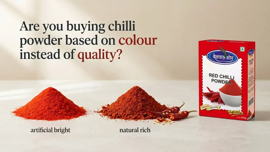 red chilli powder brand in Uttarakhand showing natural rich spice quality compared to artificial colour powder