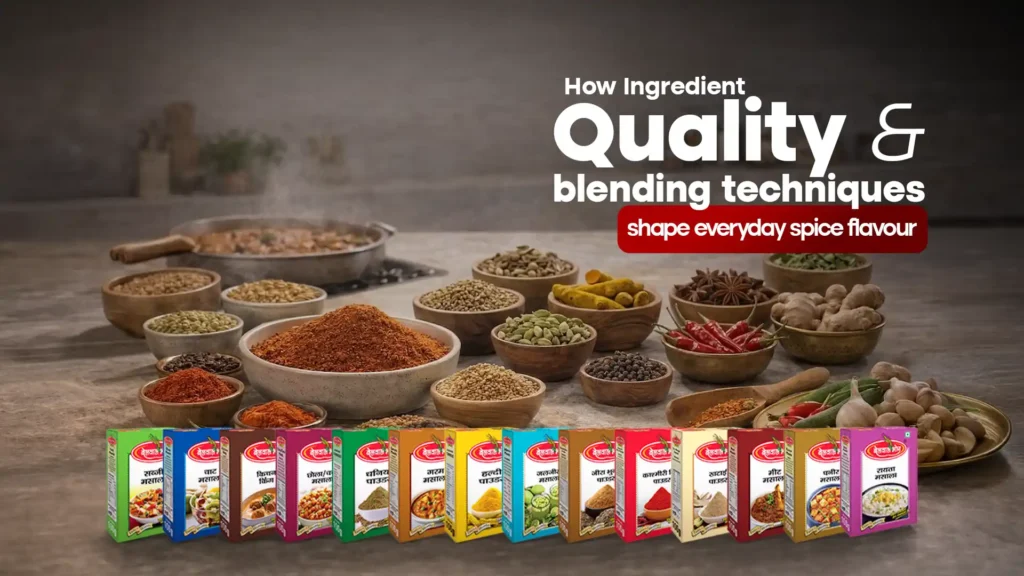 Assorted whole spices and ground masala powders arranged in bowls with packaged spice boxes displayed in front, representing the Best Organic Masala in Uttarakhand