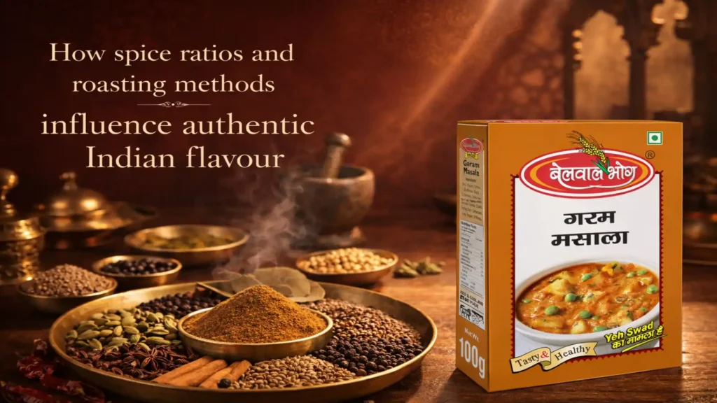 Whole spices and freshly ground garam masala powder with packaged spice box showing authentic spice blending, representing the Best Garam Masala Brand in Uttarakhand