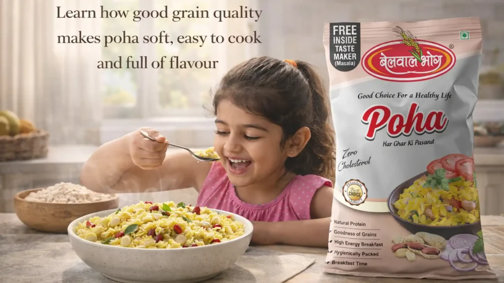 Young girl eating a bowl of freshly prepared poha with vegetables placed beside a packaged poha product, representing the Best Poha Brand in Uttarakhand