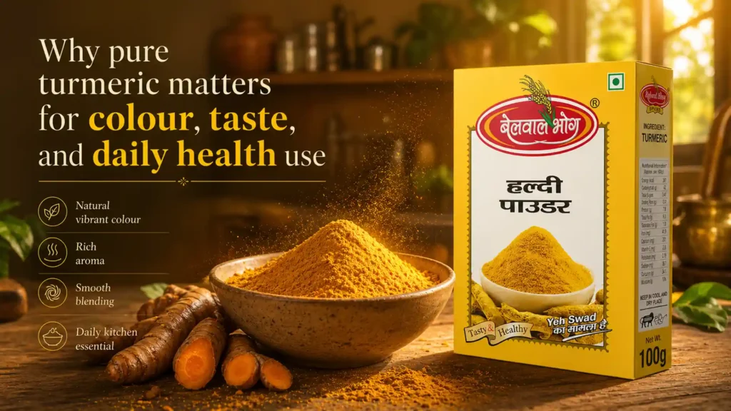 organic turmeric powder in Rudrapur showing fresh turmeric roots and finely ground haldi powder with rich natural color