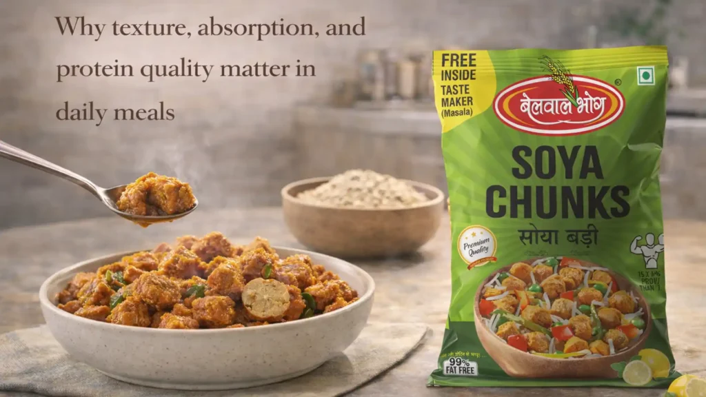 Cooked soya chunks curry served in a bowl with packaged soya chunks product, highlighting the Best Soya Chunks Brand for nutritious daily meals