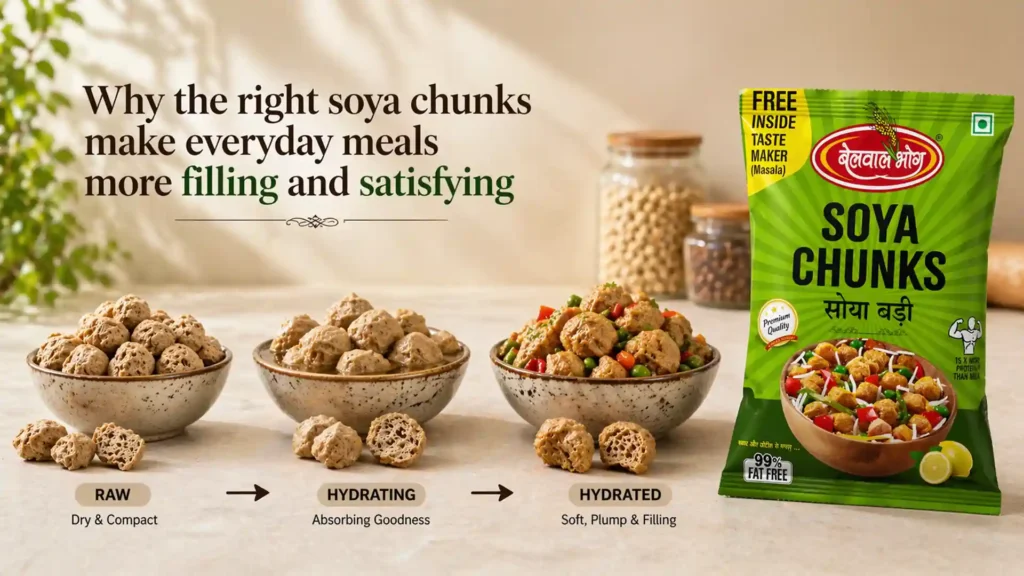 best soya chunks brand showing raw, hydrating, and cooked soya chunks for nutritious and satisfying meals