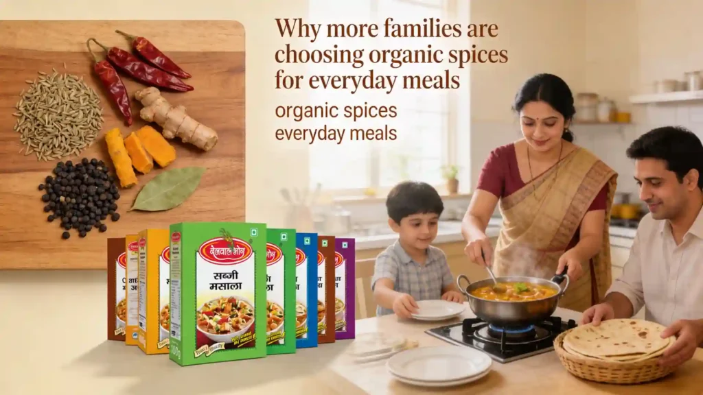 Indian family cooking with organic spices and masala products showcasing the Best Organic Masala in Uttarakhand for fresh and healthy meals