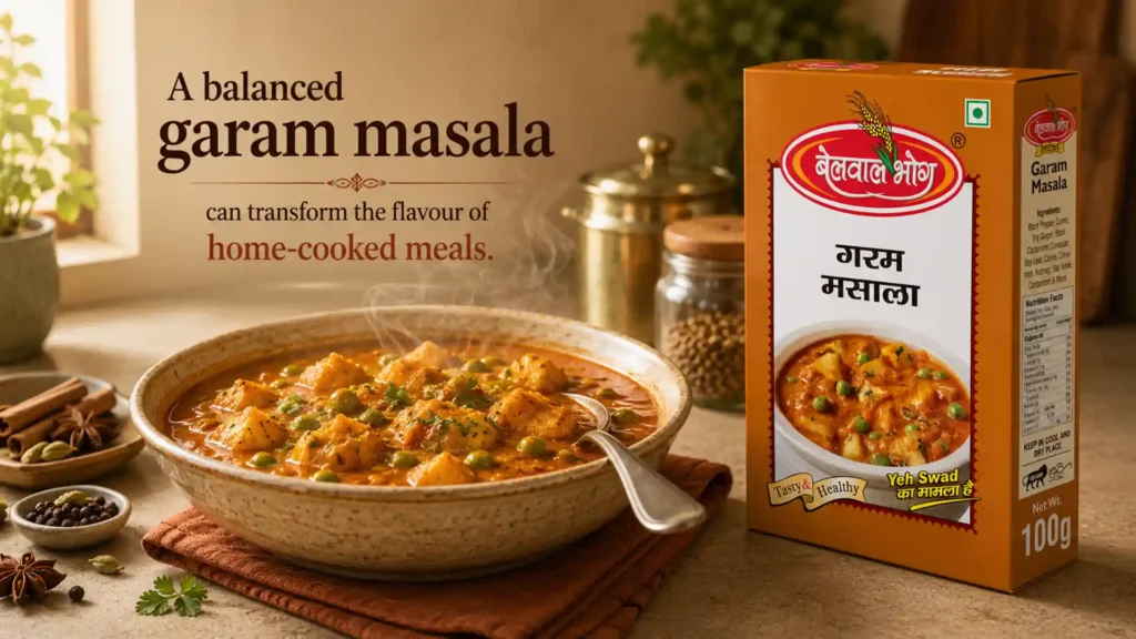 Bowl of freshly prepared curry with premium spice blend from the Best Garam Masala Brand in Bareilly, enhancing aroma, taste, and authentic home-cooked recipes