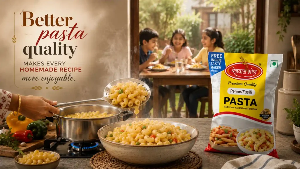 Belwal Bhog premium pasta showcased as the Best Pasta Brand in Rudrapur, made from hard wheat semolina for delicious homemade recipes, rich taste, and perfect texture.