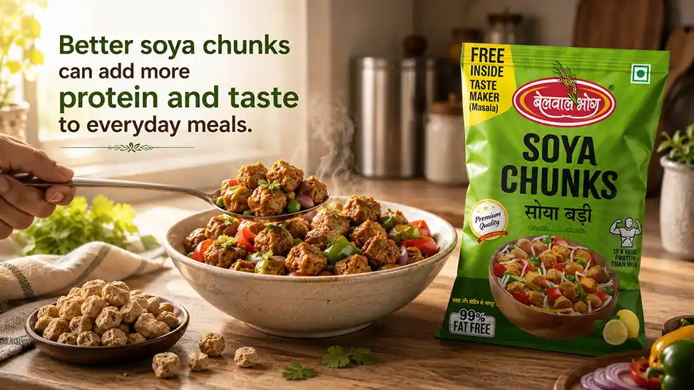 Bowl of protein-rich soya chunks with Belwal Bhog packaging showcasing the best soya chunks brand for healthy meals.
