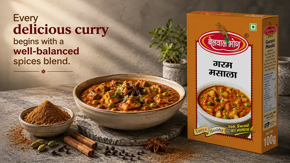 Bowl of flavorful curry prepared with the best garam masala brand in Uttarakhand alongside Belwal Bhog Garam Masala.