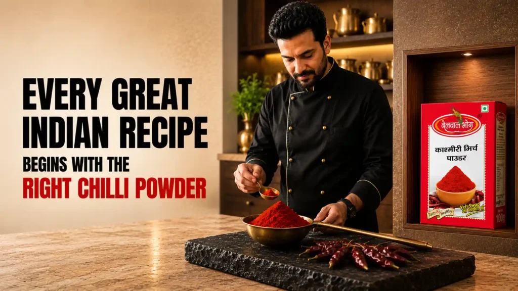 Chef preparing an Indian recipe using premium red chilli powder, showcasing the Best Red Chilli Powder Brand in Uttarakhand for vibrant color, rich aroma, and authentic taste.
