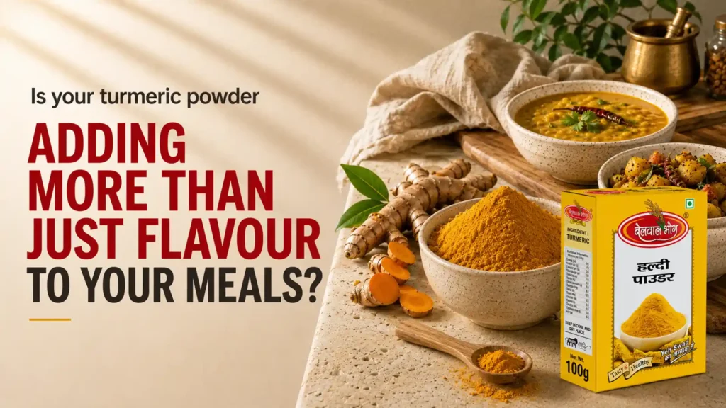 Fresh turmeric powder, whole turmeric roots, and traditional Indian dishes featuring the Best Haldi Powder Brand in Dehradun, known for its natural colour, rich aroma, and authentic taste.