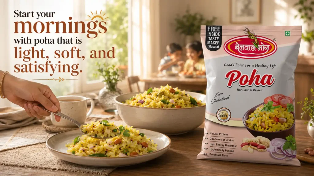 A bowl of freshly prepared poha served for breakfast alongside a pack of Belwal Bhog Poha, highlighting the Best Poha Brand in Uttarakhand with light, soft texture and authentic taste for a healthy family meal.