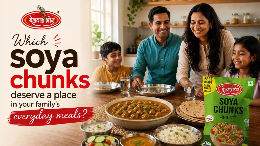 Family enjoying a nutritious meal prepared with the Best Soya Chunks Brand, offering high-protein nutrition, great taste, and everyday versatility.