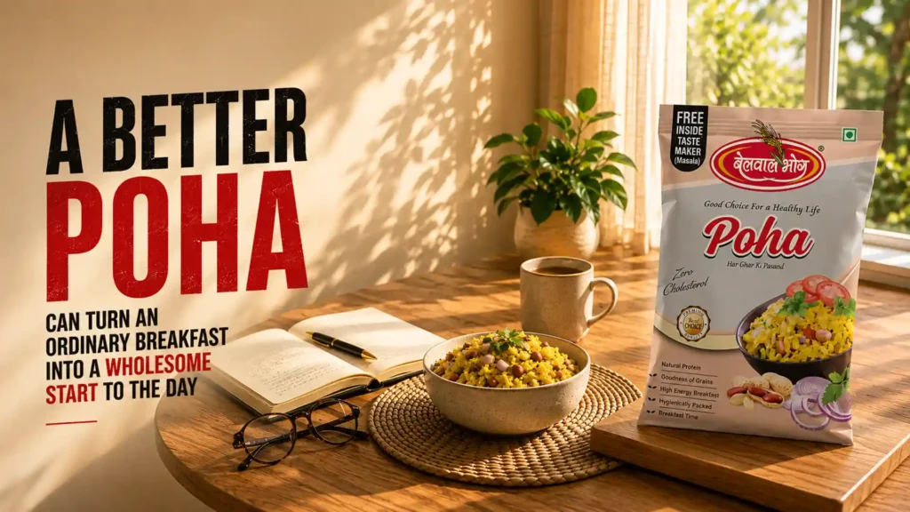 Premium Best Poha Brand in Uttarakhand displayed with a fresh bowl of poha, offering a nutritious, flavorful, and wholesome breakfast option for every morning.