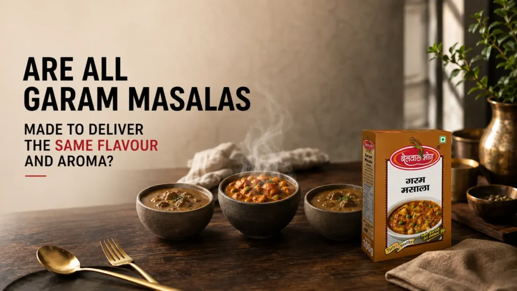 The Best Garam Masala Brand in Uttarakhand displayed beside freshly prepared curries, highlighting rich aroma, balanced spices, and authentic homemade flavor.